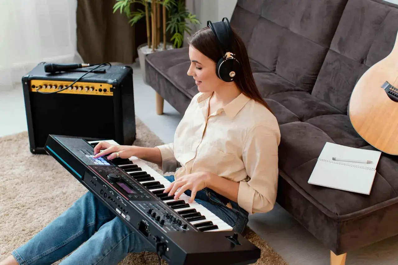 Kobieta w słuchawkach gra na keyboardzie marki japońskiego keyboardu, obok wzmacniacz i gitara.