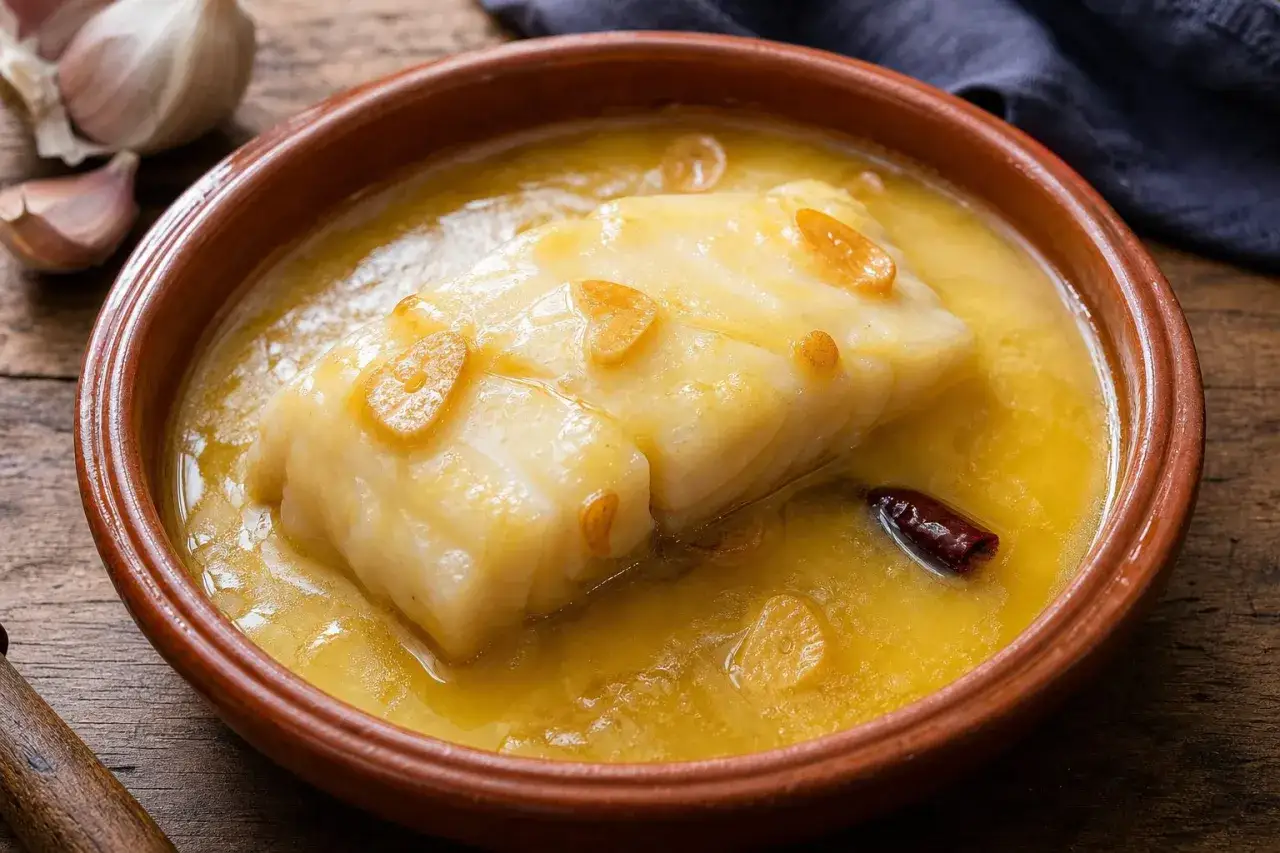 Un trozo de bacalao al pil pil en cazuela de barro, con láminas de ajo y una guindilla.