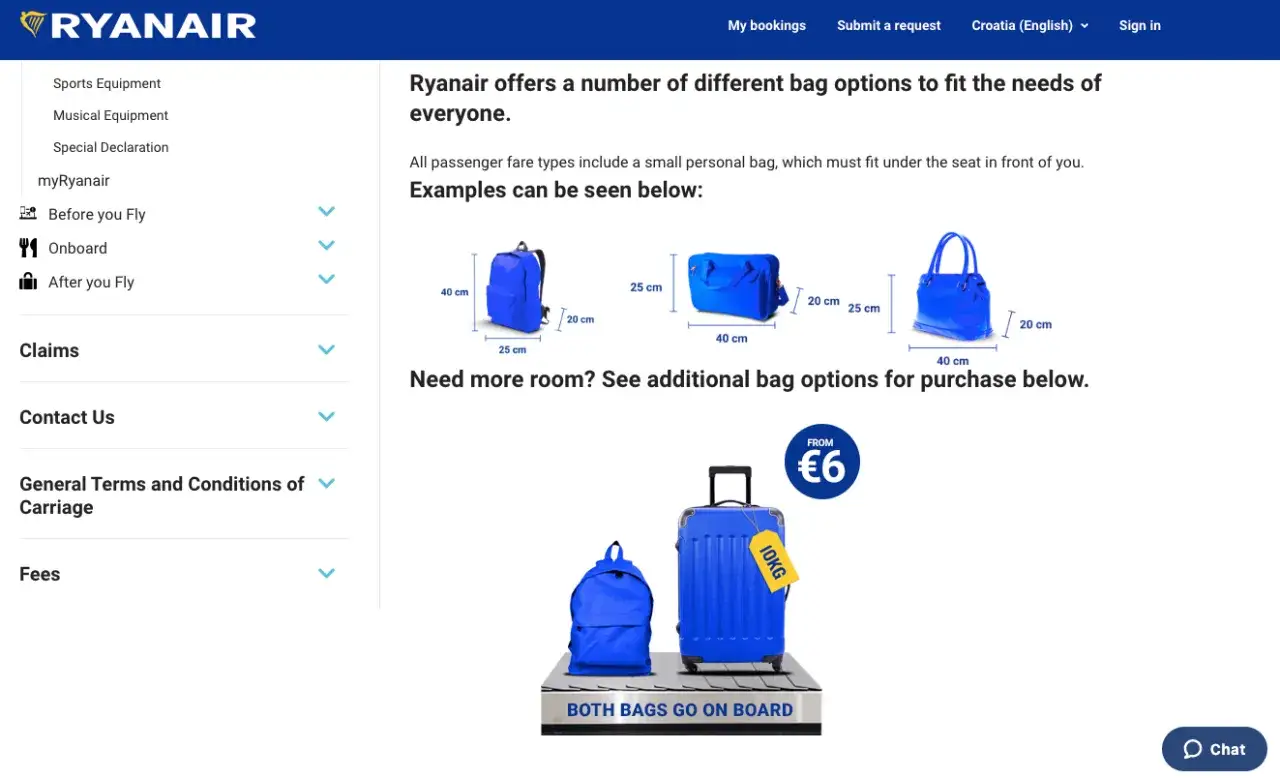 Ryanair visar olika handbagagealternativ, inklusive ryggs&auml;ck och v&auml;ska, samt incheckat bagage SAS.