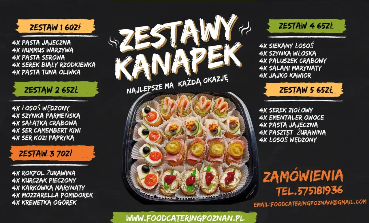 Pan kanapka catering oferuje zestawy przekąsek na każdą okazję. Na zdjęciu widać tackę z różnorodnymi, apetycznymi kanapeczkami.
