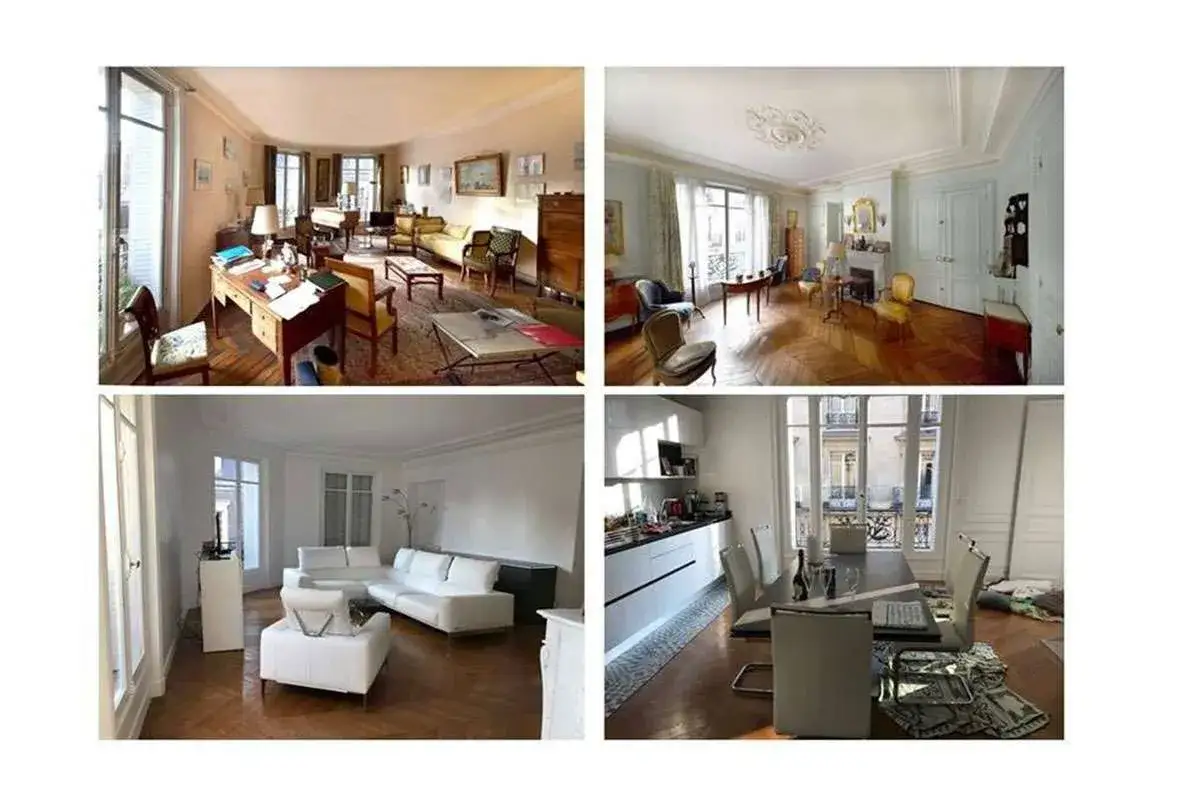 Quatre vues d'un appartement : salon avec bureau, salon avec chemin&eacute;e, salon moderne blanc, et cuisine avec salle &agrave; manger. Id&eacute;es de conseils r&eacute;novation appartement.