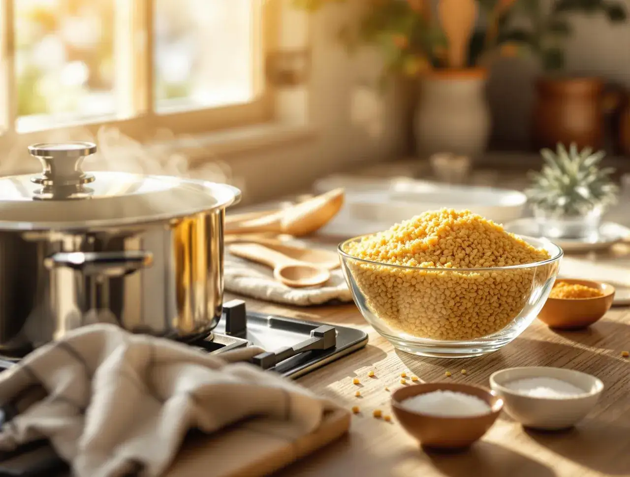 Gotowanie kaszy bulgur na kuchence. Parujący garnek i miska pełna kaszy bulgur na drewnianym blacie.