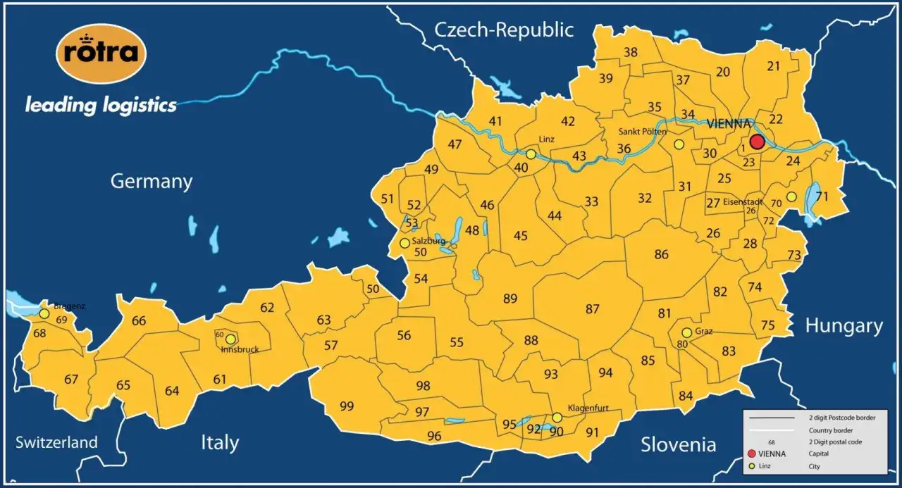Mapa Austrii z podziałem na okręgi pocztowe. Widać granice z Niemcami, Czechami, Włochami, Słowenią i Węgrami. Okręg 43 to część Austrii.
