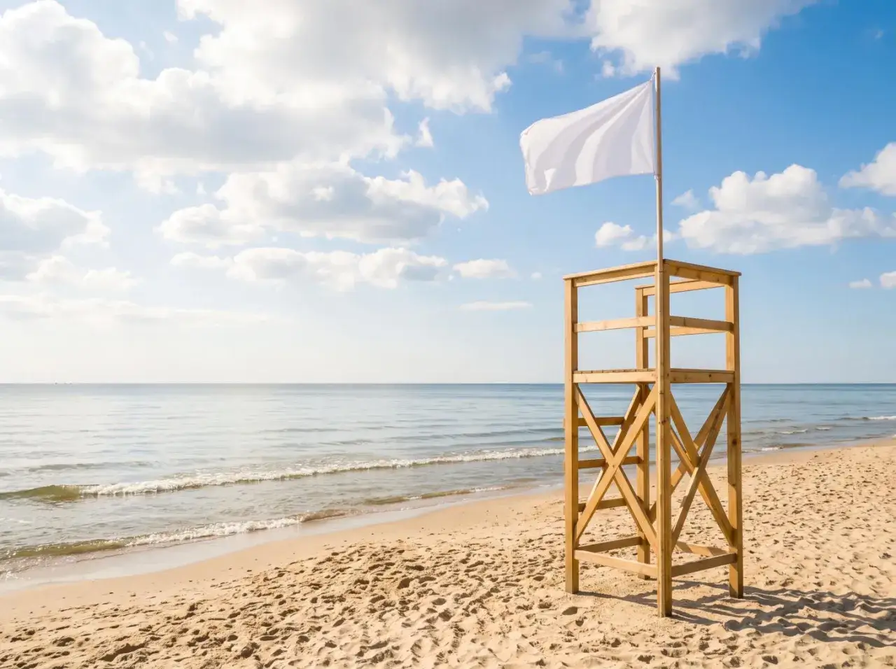Ratownik czuwa nad bezpieczeństwem na plaży w Sarbinowie. Biała flaga powiewa na wieży ratowniczej, zapraszając do korzystania z uroków morza.