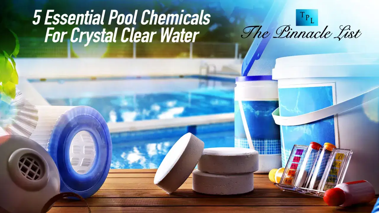 Pool chemicals, including tablets and test strips, are displayed on a wooden surface, hinting at how to shock a pool for crystal clear water.