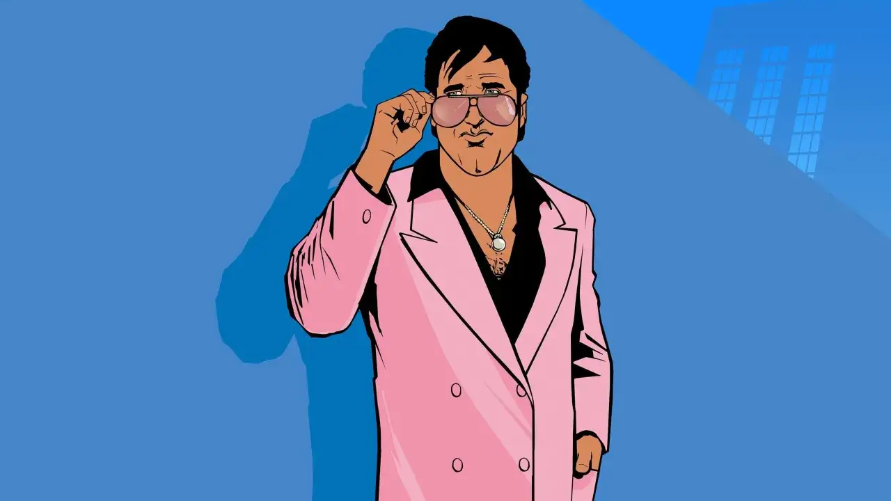 Tommy Vercetti w różowej marynarce poprawia okulary. Szukasz kodów do GTA Vice City?