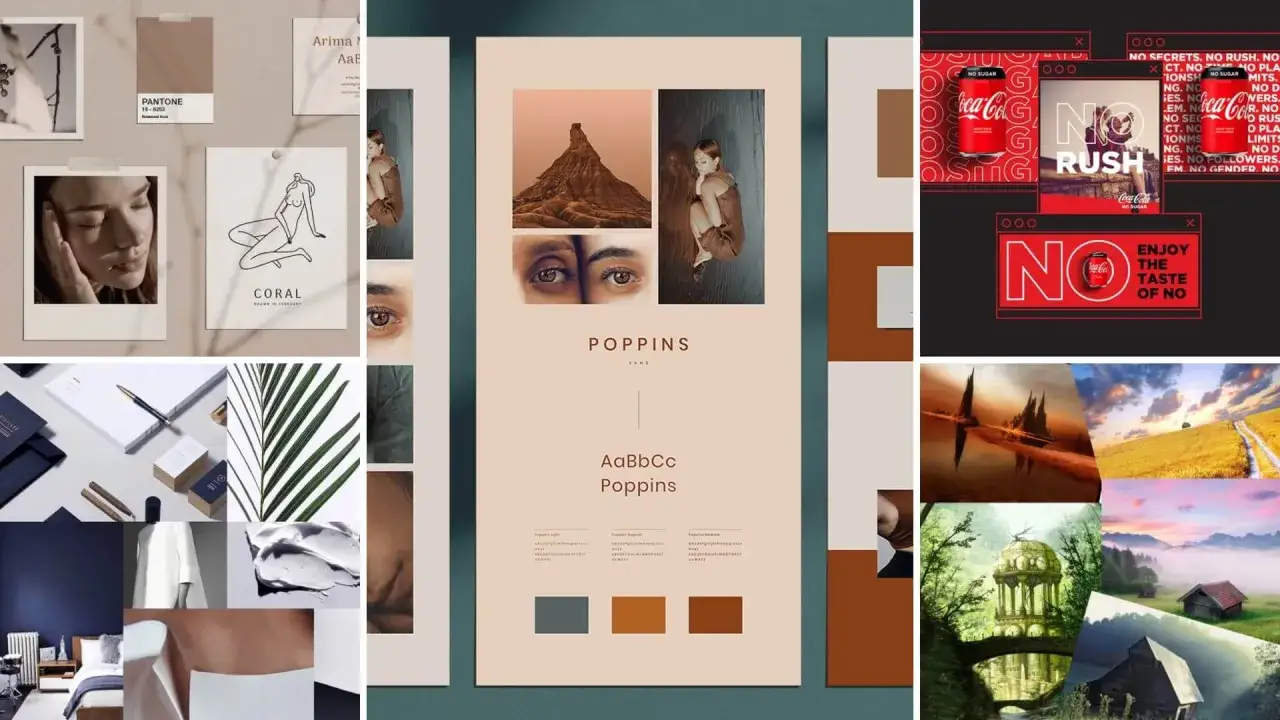 Moodboard z inspiracjami: portrety, natura, paleta barw, typografia, reklama Coca-Cola.