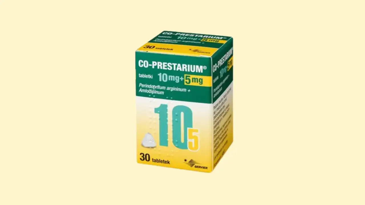 Opakowanie leku co prestarium 5+5, zawierające 30 tabletek. Widoczna nazwa leku i dawka 10mg+5mg.