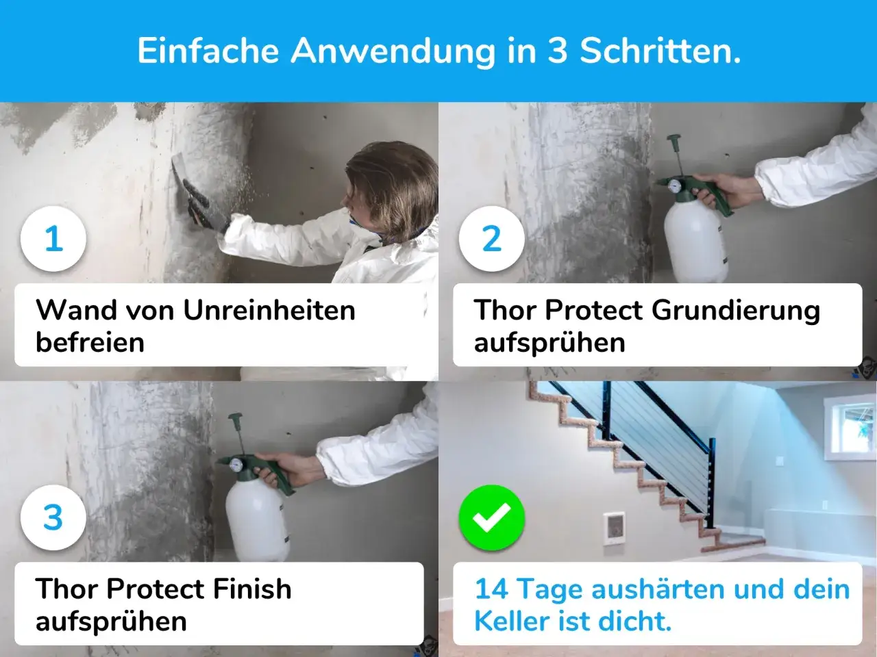 Thor Protect Erfahrungen: Wand vorbereiten, Grundierung & Finish aufspr&uuml;hen. Nach 14 Tagen ist der Keller dicht.