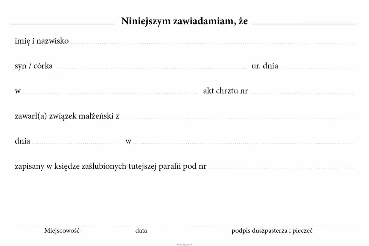 Formularz zapowiedzi przedślubne. Zawiera pola na dane narzeczonych, datę ślubu, miejsce i podpis duszpasterza.