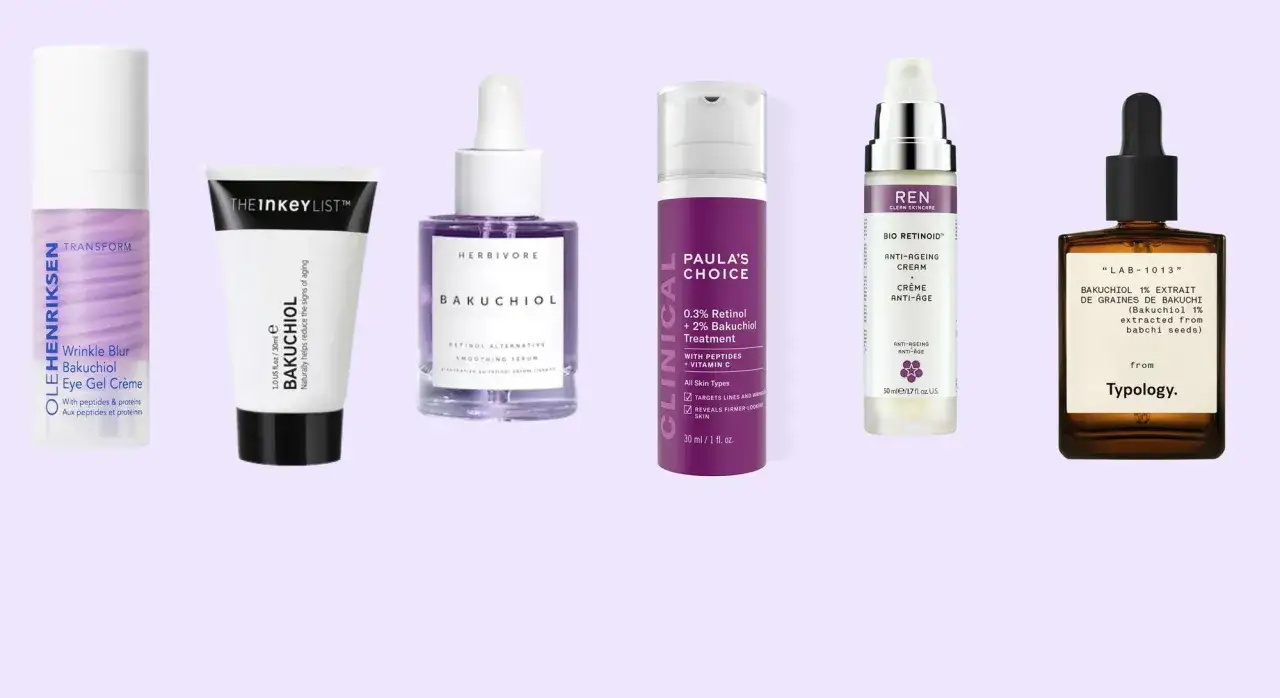 Six produits de soins de la peau, dont des sérums et crèmes, avec du rétinol et du bakuchiol. Avis dermatologue sur ces ingrédients.