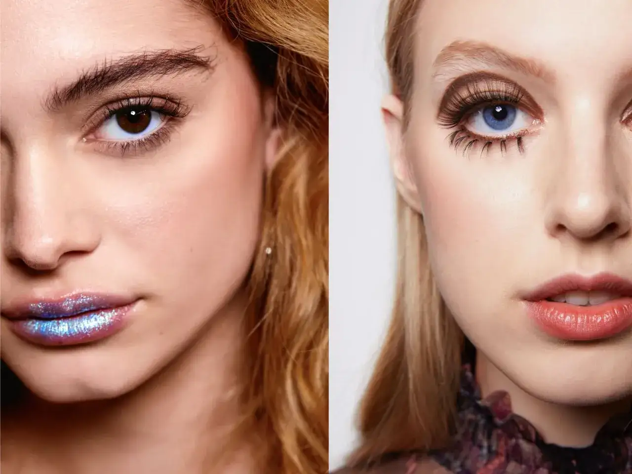 Due volti affiancati mostrano diversi stili di trucco occhi: uno con ciglia lunghe e drammatiche, l'altro con un look pi&ugrave; naturale.