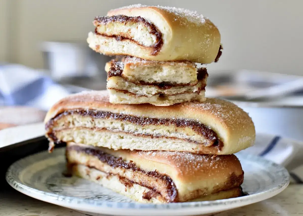 En stapel nybakade gifflar med kanelfyllning och socker. Perfekt för ett gifflar recept!