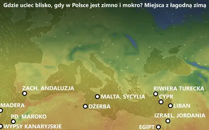Mapa ciepłych krajów w styczniu blisko Europy