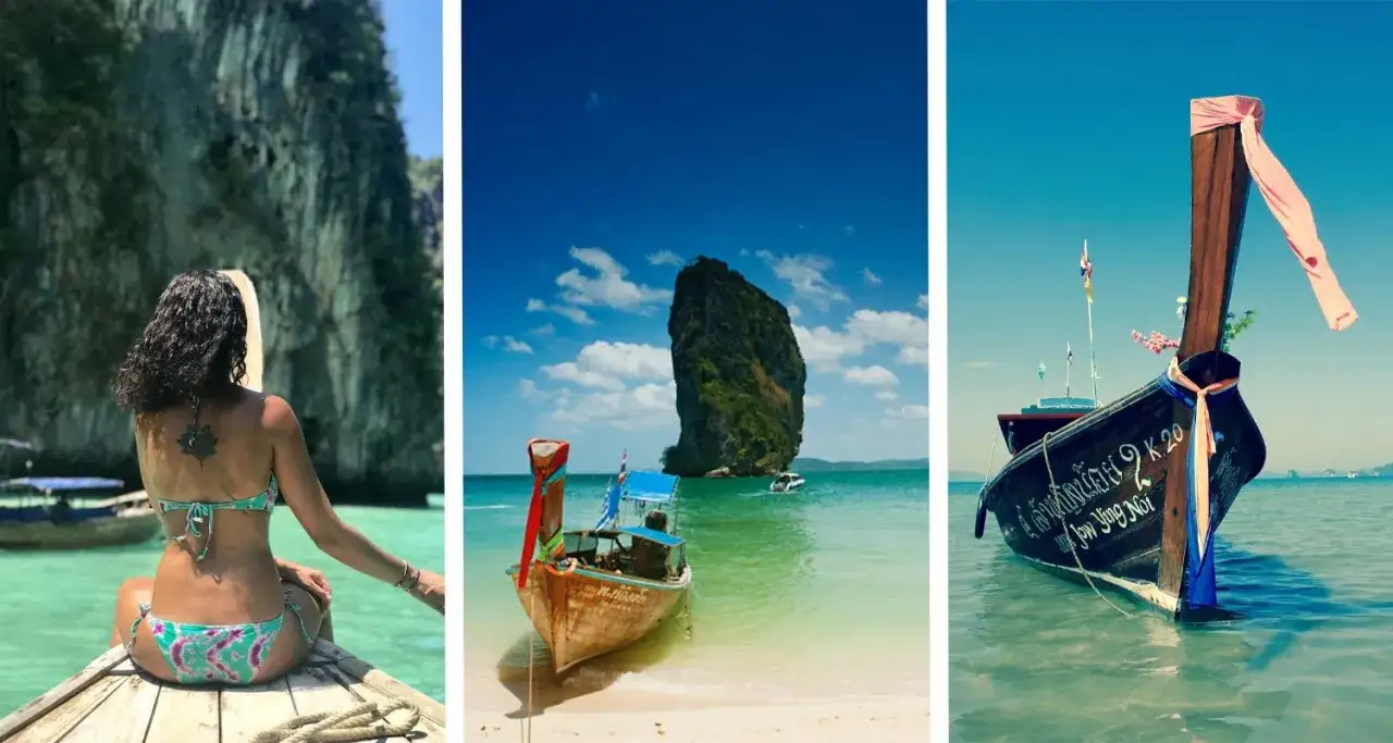 Frau auf einem Boot vor steilen Felsen, Longtail-Boote am Strand und im Meer. Ein Traum von **Segeln Thailand**.