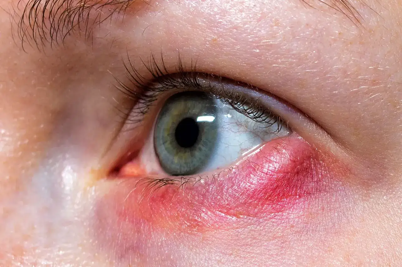 Occhio con orzaiolo infiammato, segno di stress e stanchezza. La palpebra &egrave; rossa e gonfia.