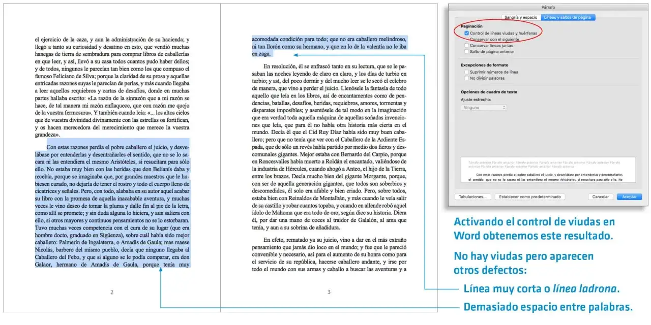Interfaz de edición de textos en español, mostrando opciones de paginación y control de líneas.