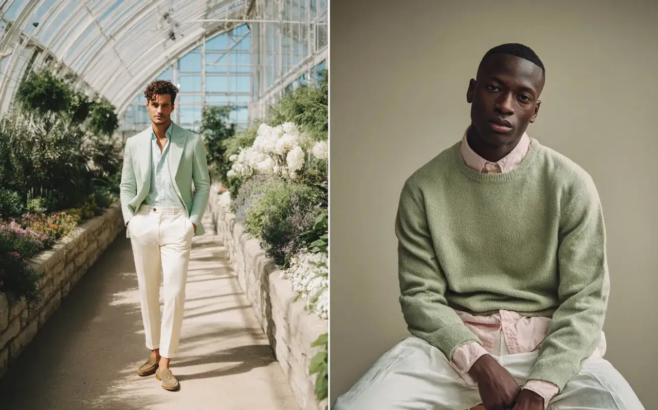 Ideas para como combinar el color verde: un hombre con traje verde menta y pantal&oacute;n blanco, y otro con su&eacute;ter verde y camisa rosa.