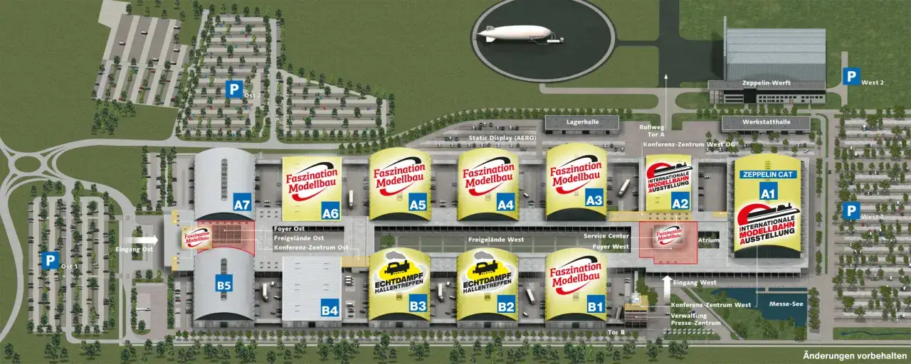 Plan der Modellbaumesse Friedrichshafen mit Hallen A1-A7, B1-B5 und Parkplätzen. Hier finden Sie Informationen zu den Modellbaumesse Friedrichshafen Preise.