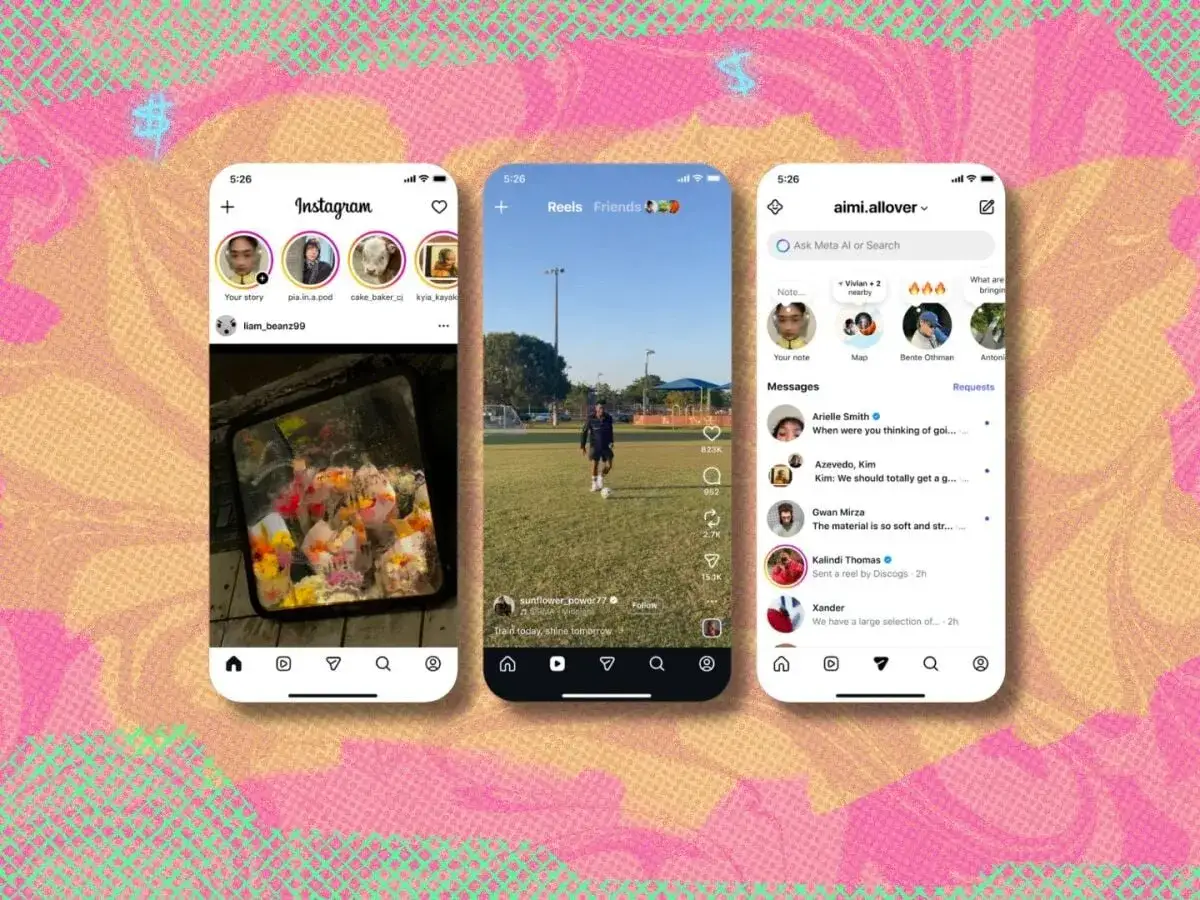 Jak zrobić rolkę na Instagramie ze zdjęć? Zobacz przykłady na ekranach telefonów: feed, rolki i wiadomości.
