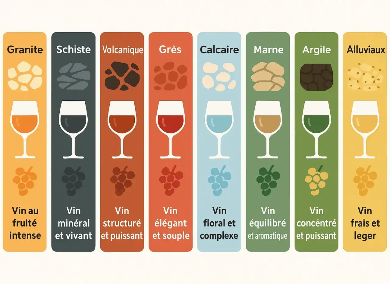 Illustration montrant l'influence des sols (granite, schiste, volcanique, gr&egrave;s, calcaire, marne, argile, alluviaux) sur le profil des vins. Chaque sol est associ&eacute; &agrave; un type de vin, r&eacute;v&eacute;lant la richesse du vin de terroir.