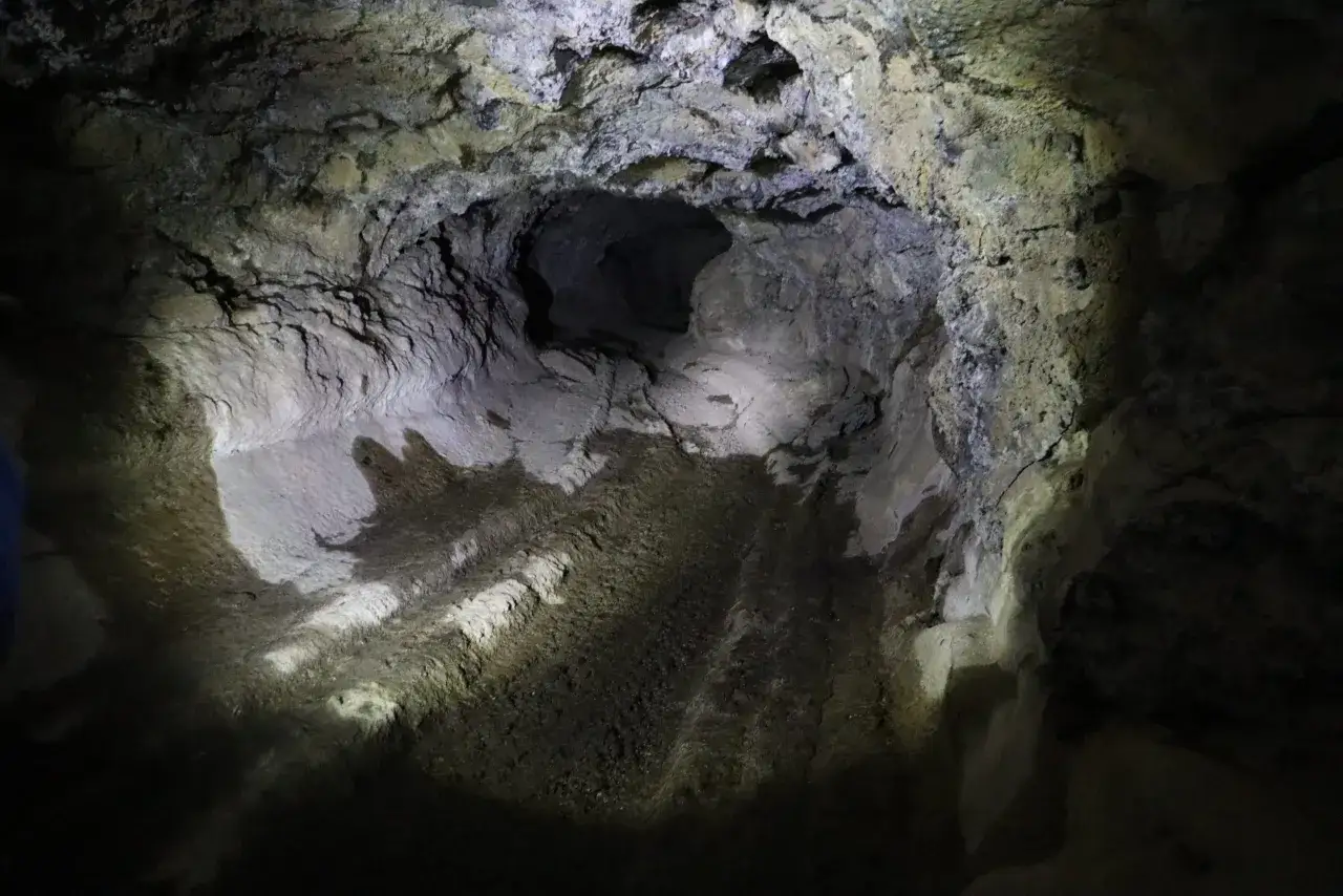 Wnętrze jaskini, skalne ściany i wilgotna ziemia. Może to być część
