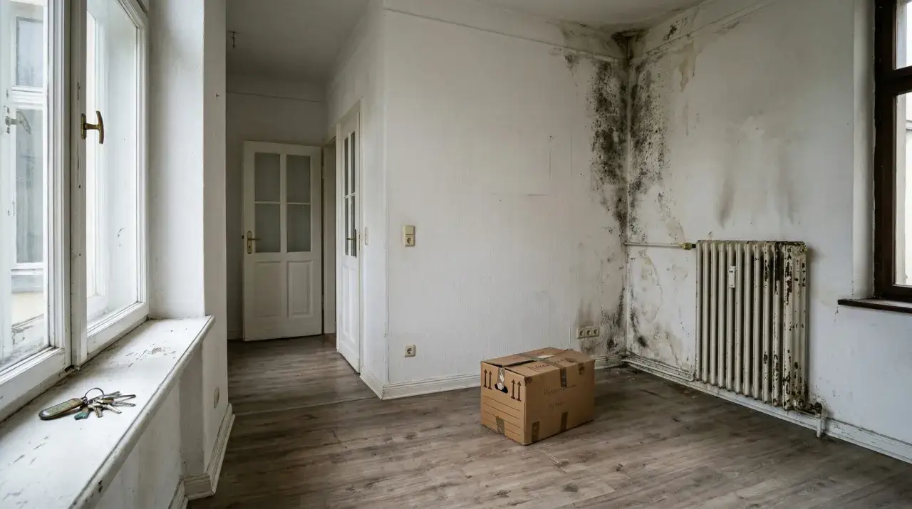 Schimmelbefallene Wände, ein alter Heizkörper und ein Karton zeugen davon, dass der **Vermieter kommt seinen Pflichten nicht nach**. Schlüssel liegen auf der Fensterbank.