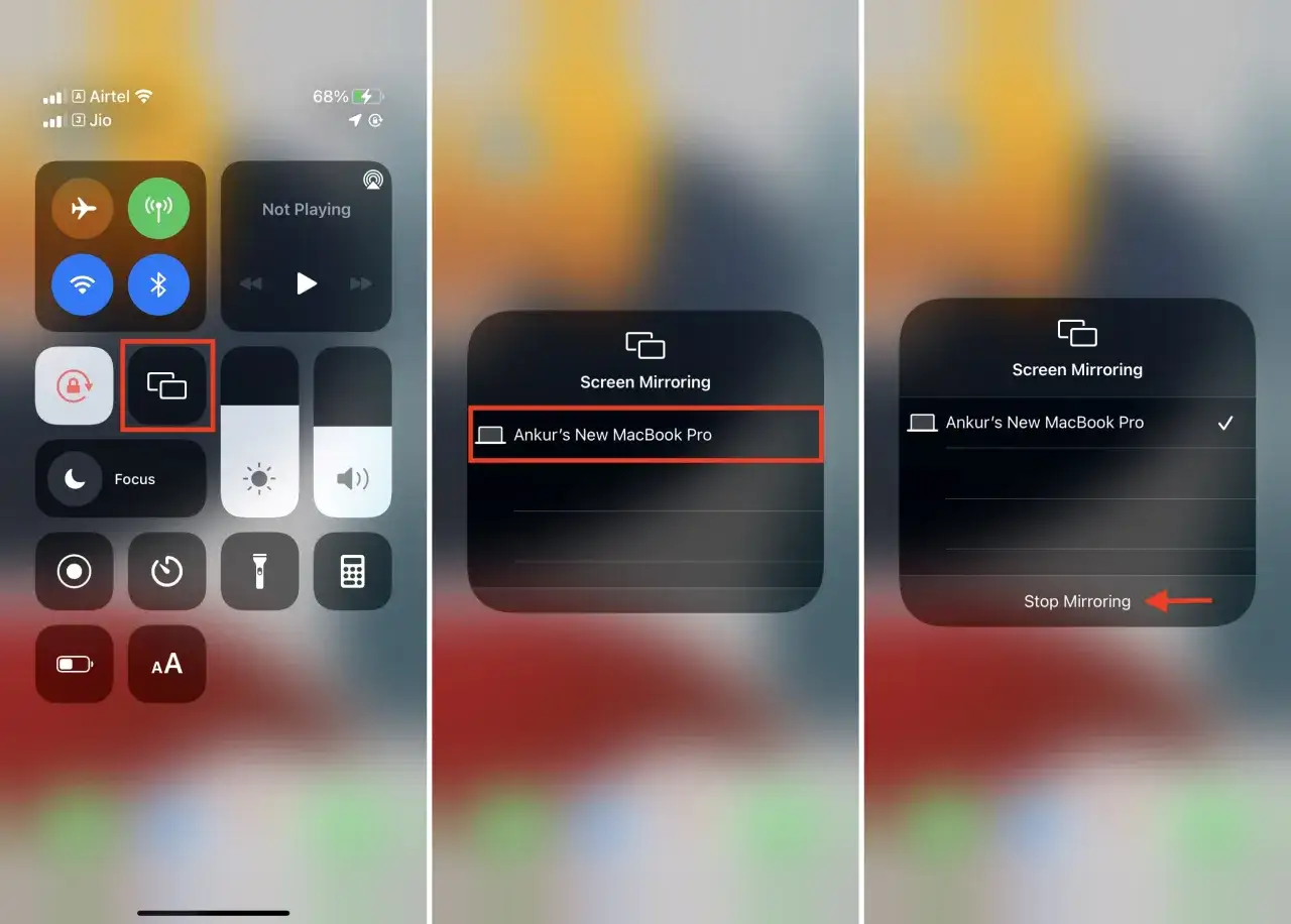 AirPlay co to? Ekran telefonu jest lustrzany na MacBooku Pro. Możesz zatrzymać przesyłanie.