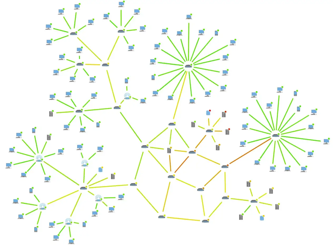 Network diagram showing devices and connections, with lines colored green to orange indicating traffic flow, possibly representing a netflow packet's journey.