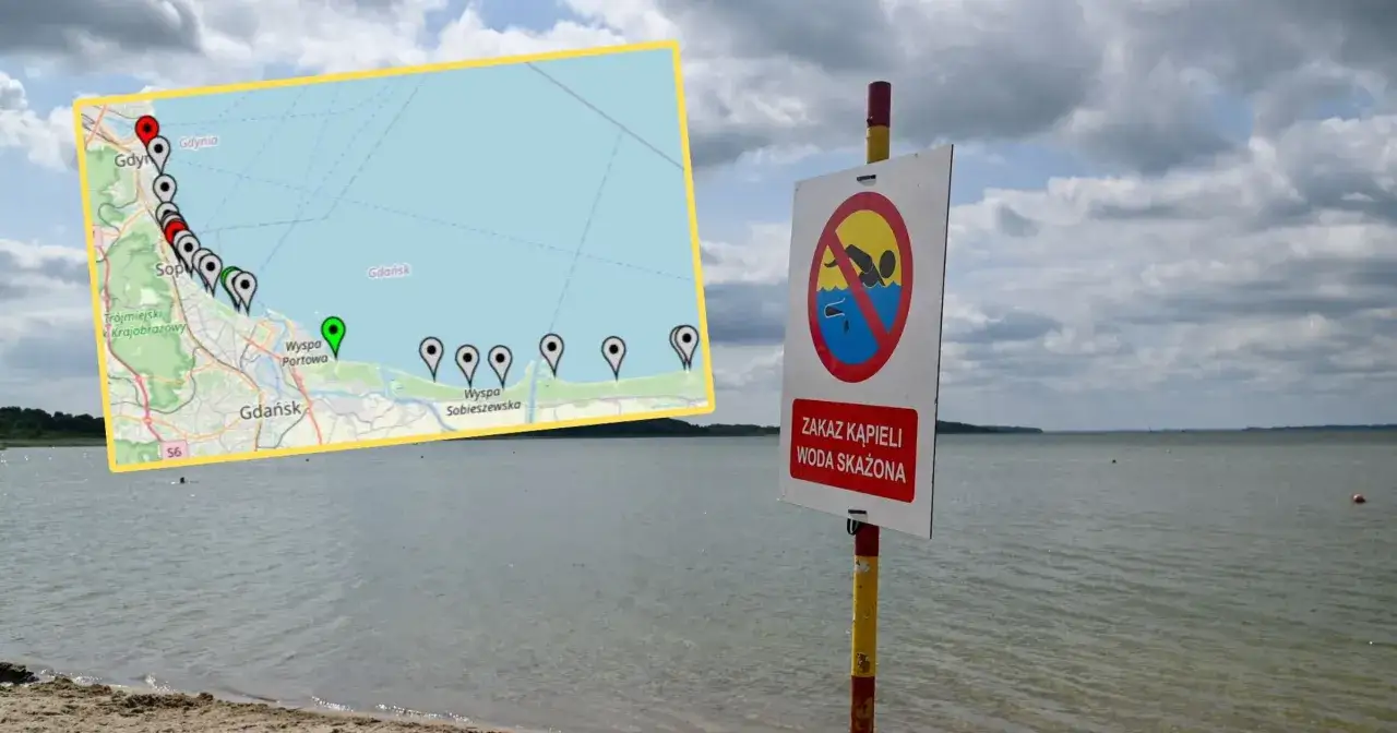 Mapa pokazuje zamknięte kąpieliska nad morzem. Tablica informuje o zakazie kąpieli z powodu skażonej wody.