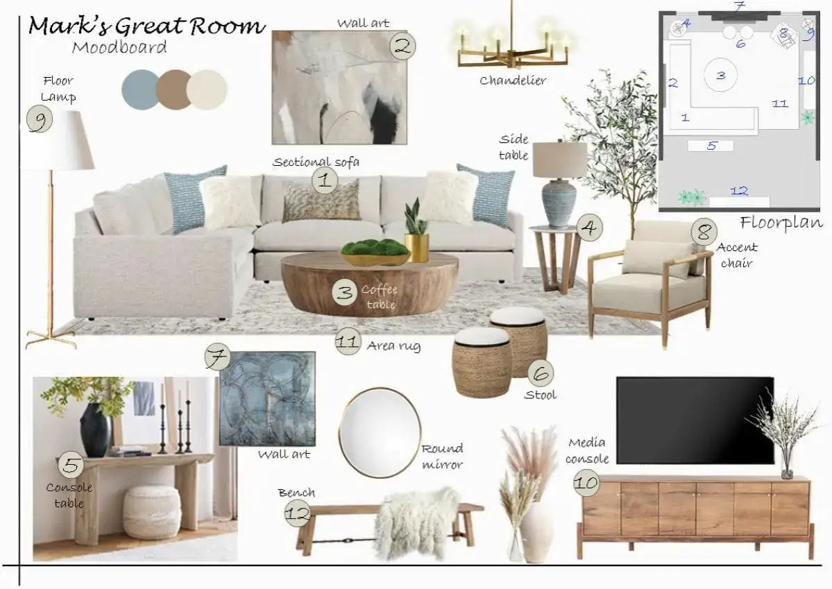 A moodboard for Mark's Great Room, showcasing neutral interior design elements like a sectional sofa, coffee table, and accent chair, creating a serene and inviting space.