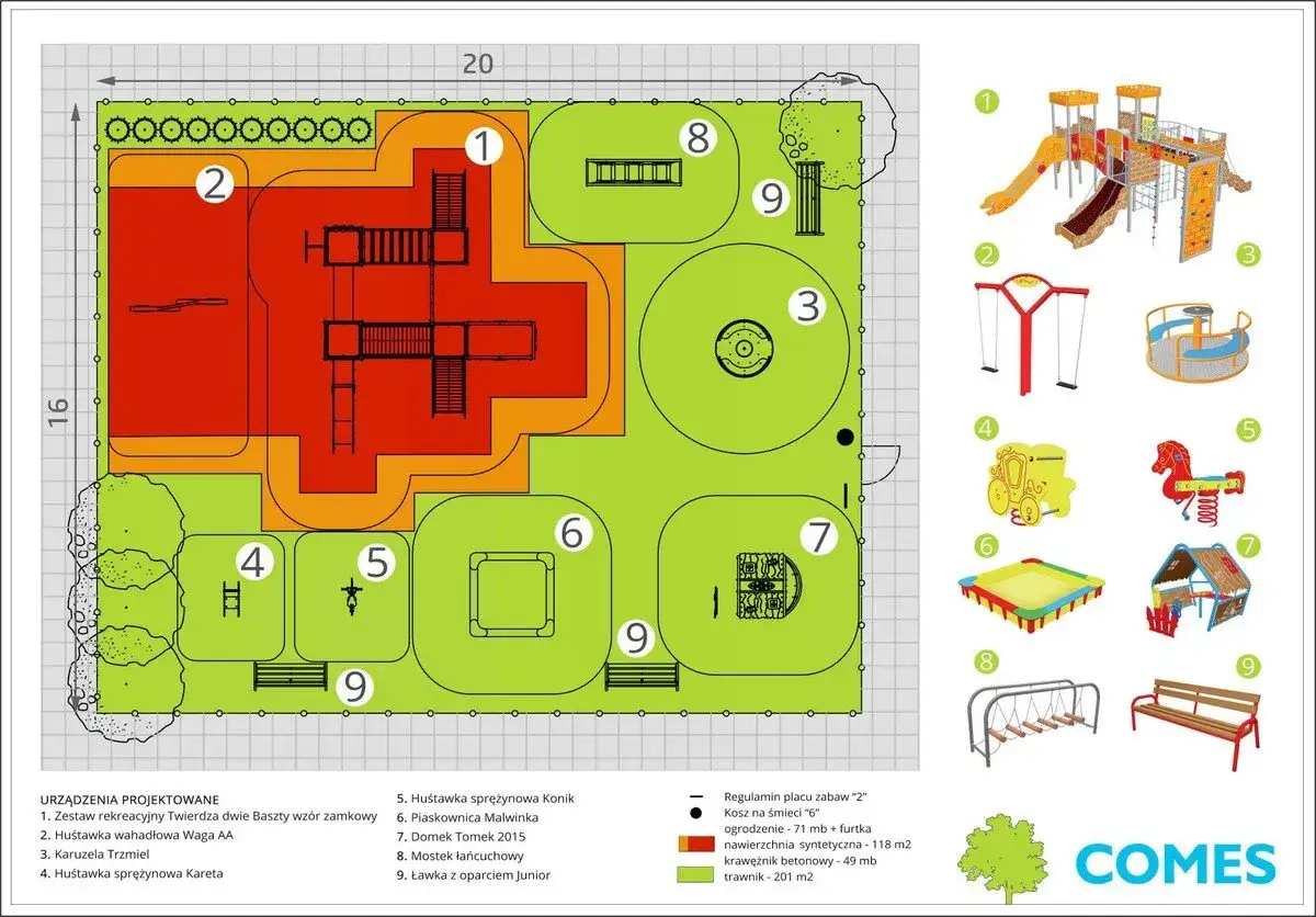 Plan placu zabaw: jak zbudować plac zabaw dla dzieci? Pokazuje rozmieszczenie zjeżdżalni, huśtawek, piaskownicy i domku.