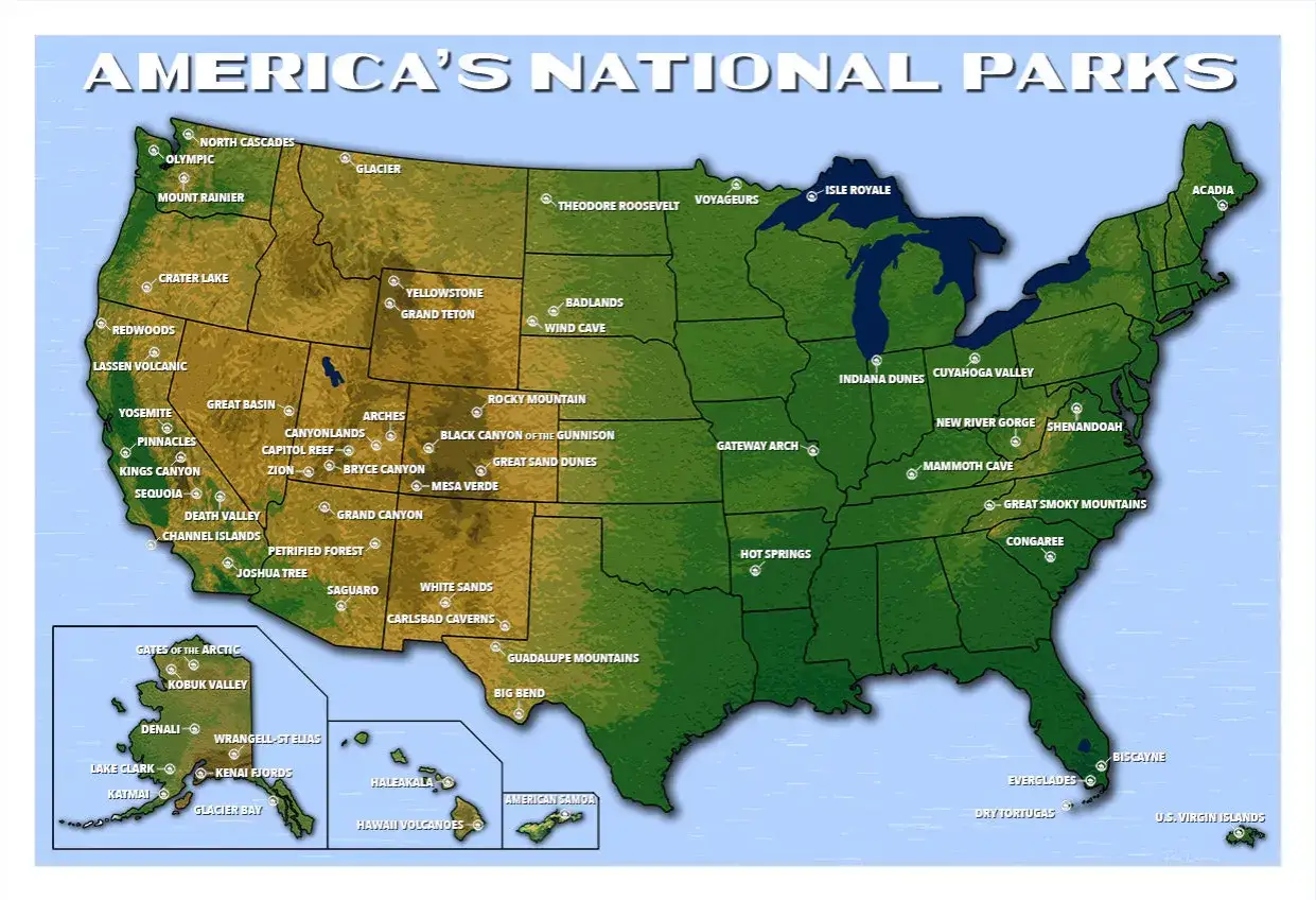 Karte der nationalparks usa mit vielen bekannten Orten wie Yellowstone, Grand Canyon und Yosemite.