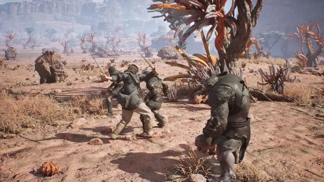 Postapokaliptyczny pustynny krajobraz, gdzie walczą ze sobą postacie w stylu souls like games.