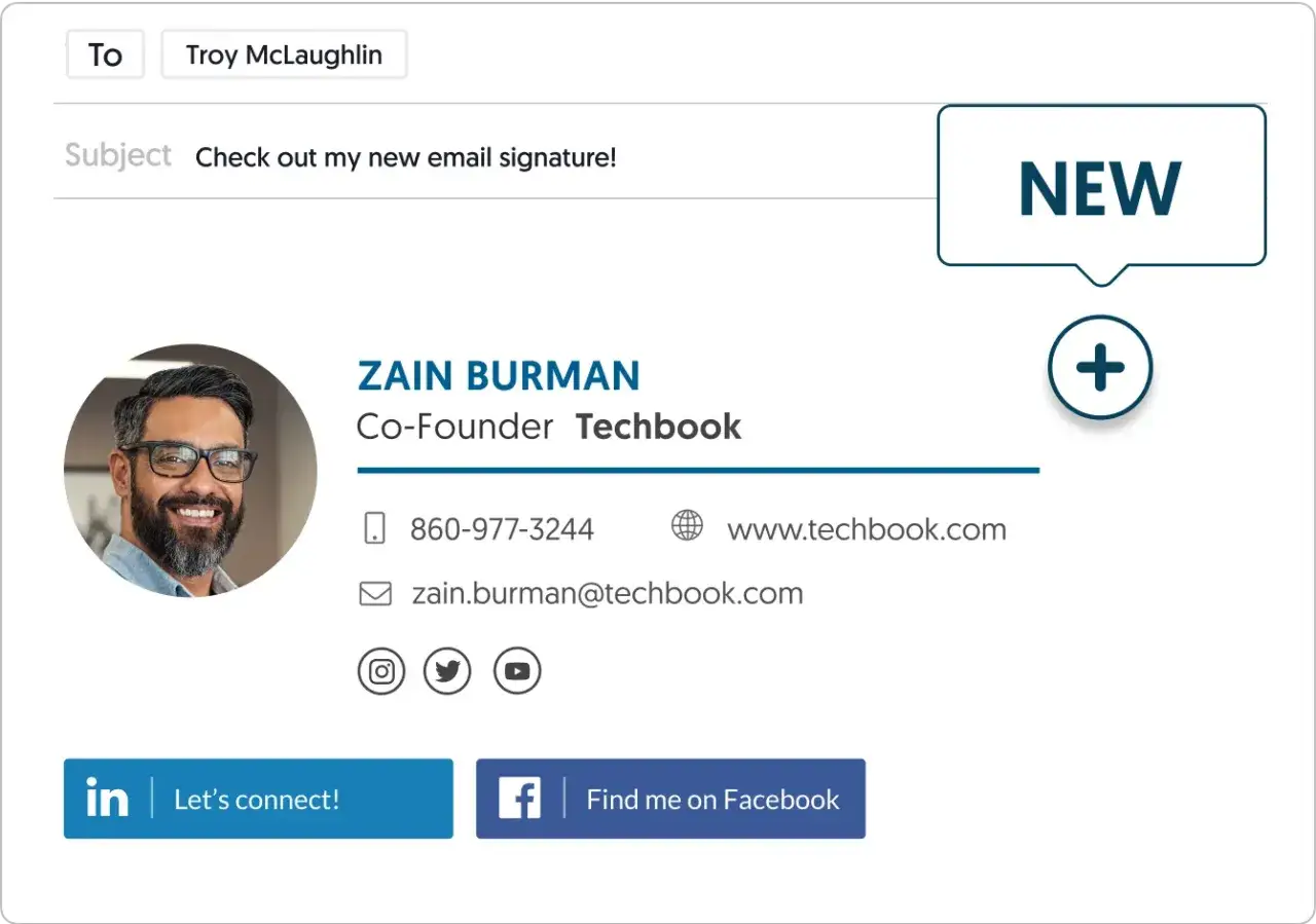 Exemple d'email montrant comment modifier signature Outlook. Il inclut le nom, le poste, les coordonn&eacute;es et les liens sociaux de Zain Burman.