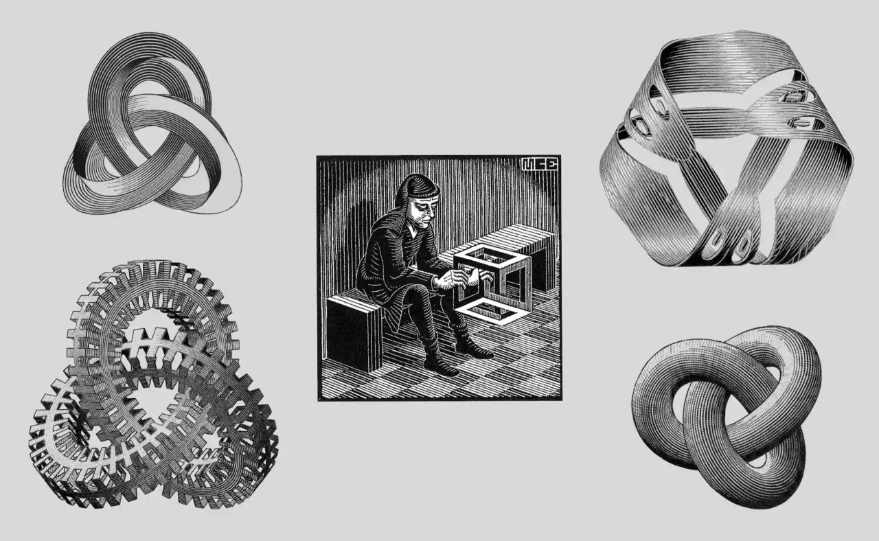 Collage d'&oelig;uvres d'art de Maurits Cornelis Escher : un homme cr&eacute;e un cube impossible, des rubans de M&ouml;bius, des n&oelig;uds et des engrenages entrelac&eacute;s.