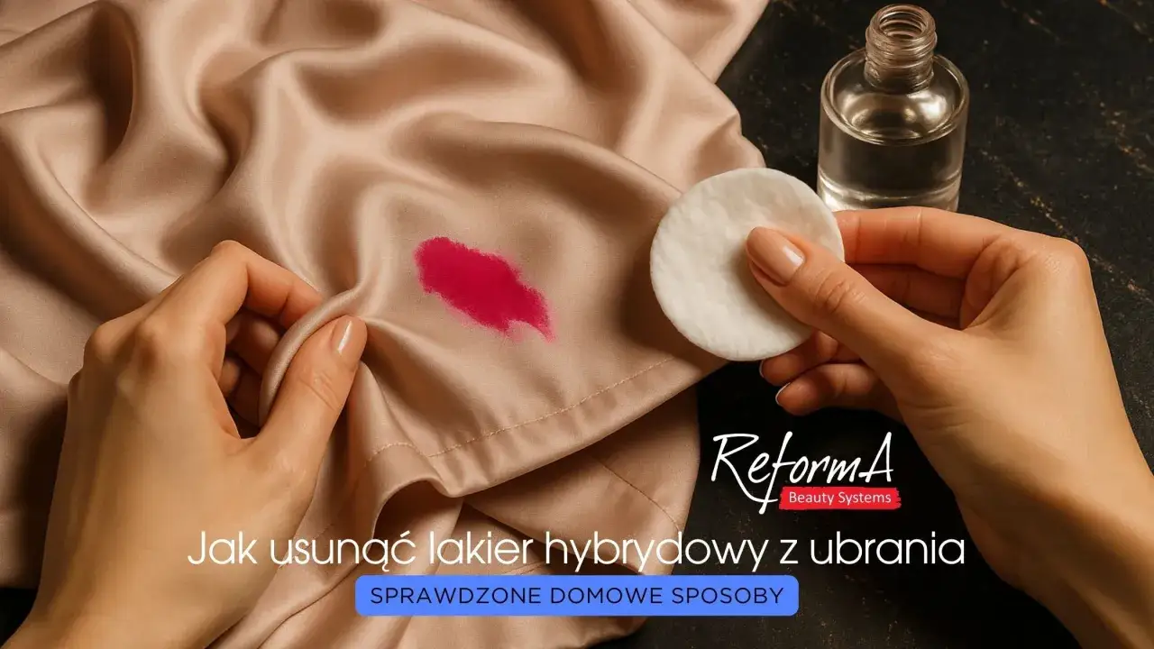 Jak usunąć lakier hybrydowy z ubrania? Wacik nasączony płynem do usuwania lakieru i plama na satynowej tkaninie.