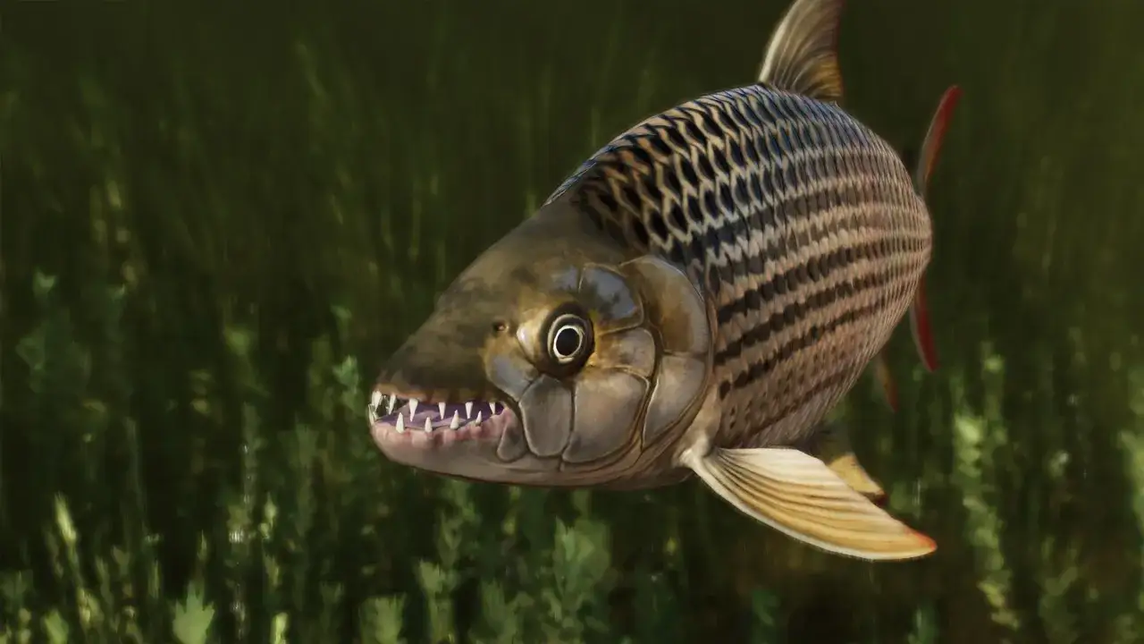 Ein Tigerfisch mit scharfen Z&auml;hnen schwimmt im tr&uuml;ben Wasser Afrikas.