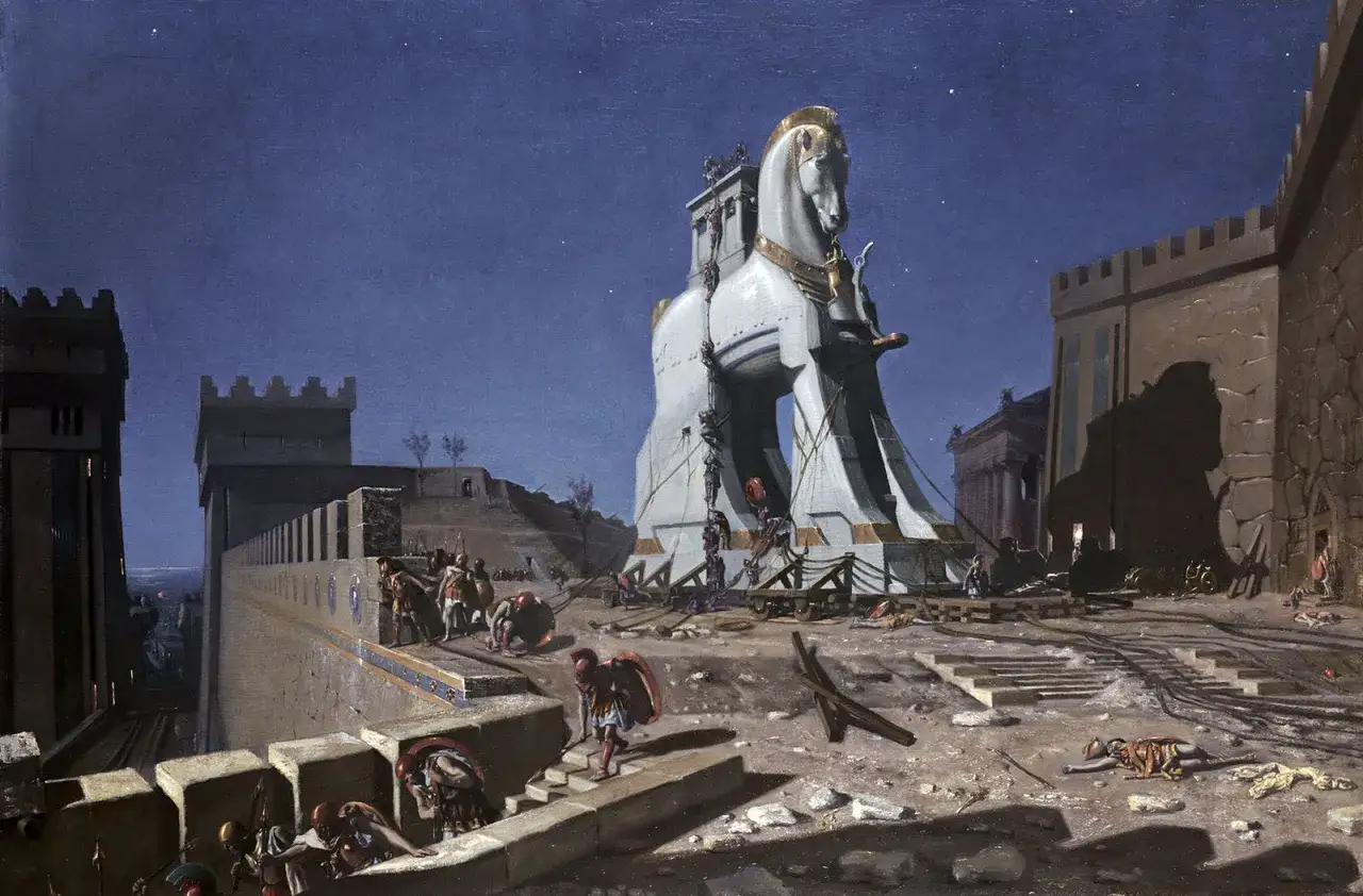 Das trojanische Pferd wird in die Stadt gebracht. Soldaten klettern an Seilen empor, w&auml;hrend andere am Boden liegen. Eine Szene aus der trojanischen Geschichte.