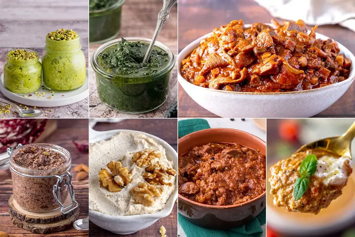 Variet&agrave; di sughi per pasta: pesto di pistacchio, pesto verde, rag&ugrave; di carne, crema di noci, sugo di lenticchie e pomodoro.
