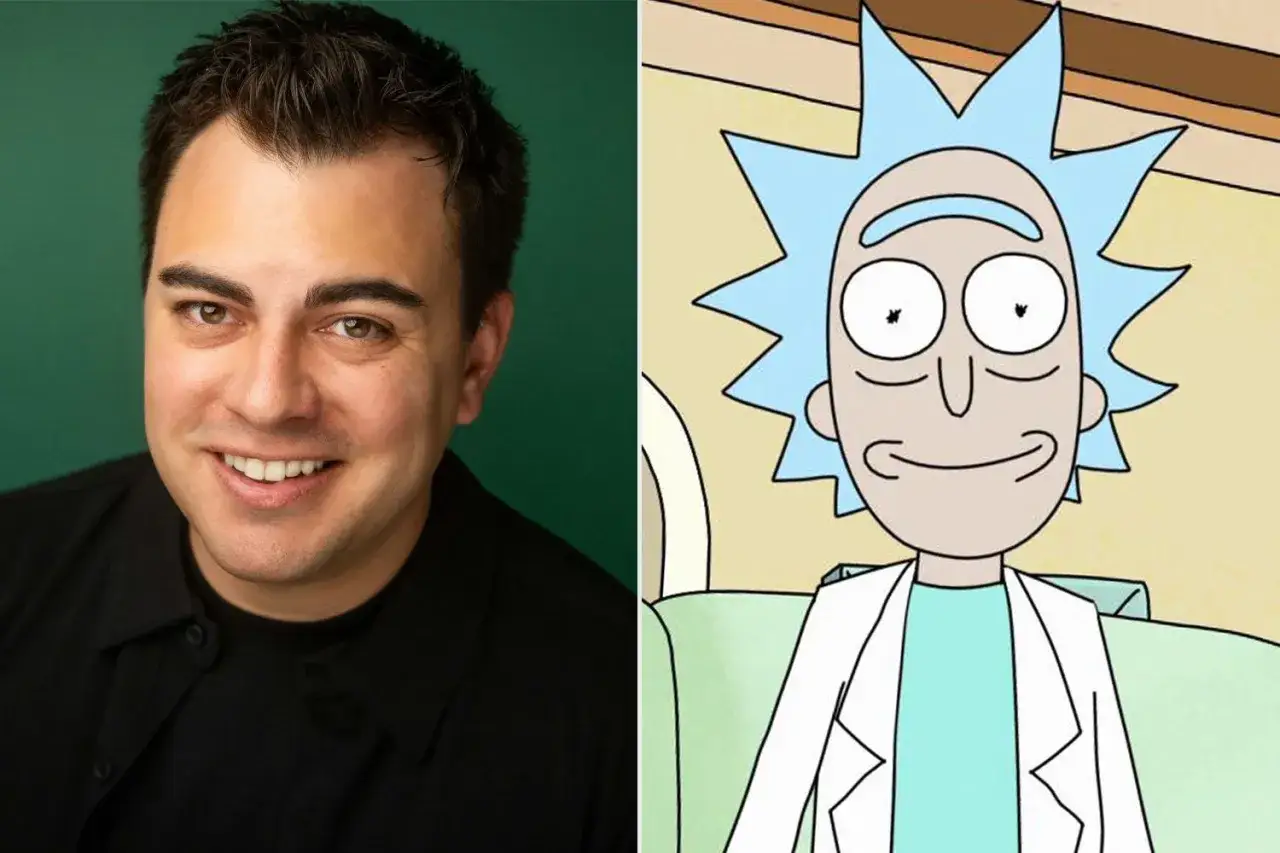Un homme souriant à gauche, et Rick Sanchez, personnage de la distribution de Rick et Morty, à droite.