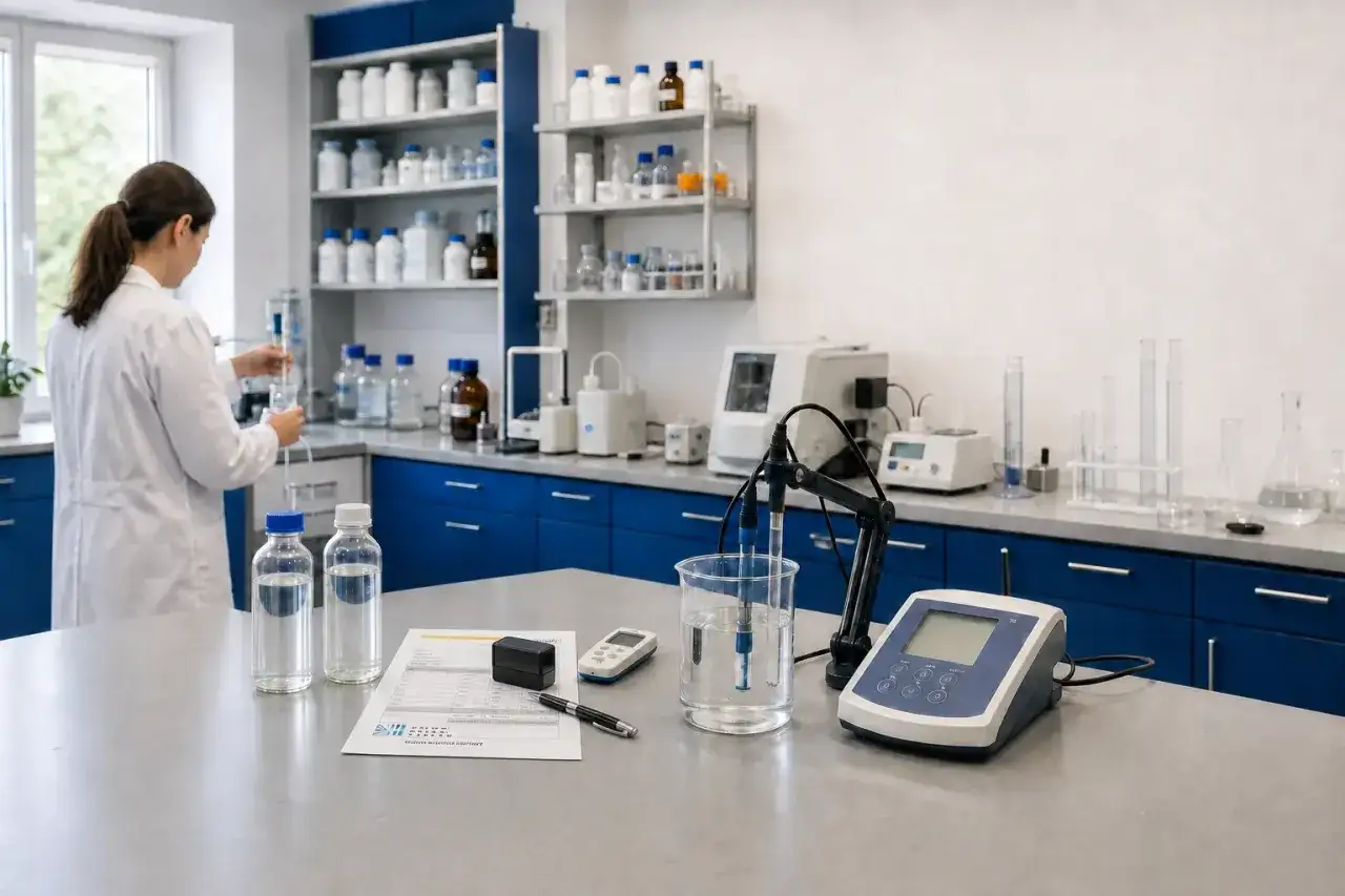 Naukowczyni bada utlenialność wody w laboratorium. Na stole aparatura pomiarowa, próbki wody i dokumentacja.