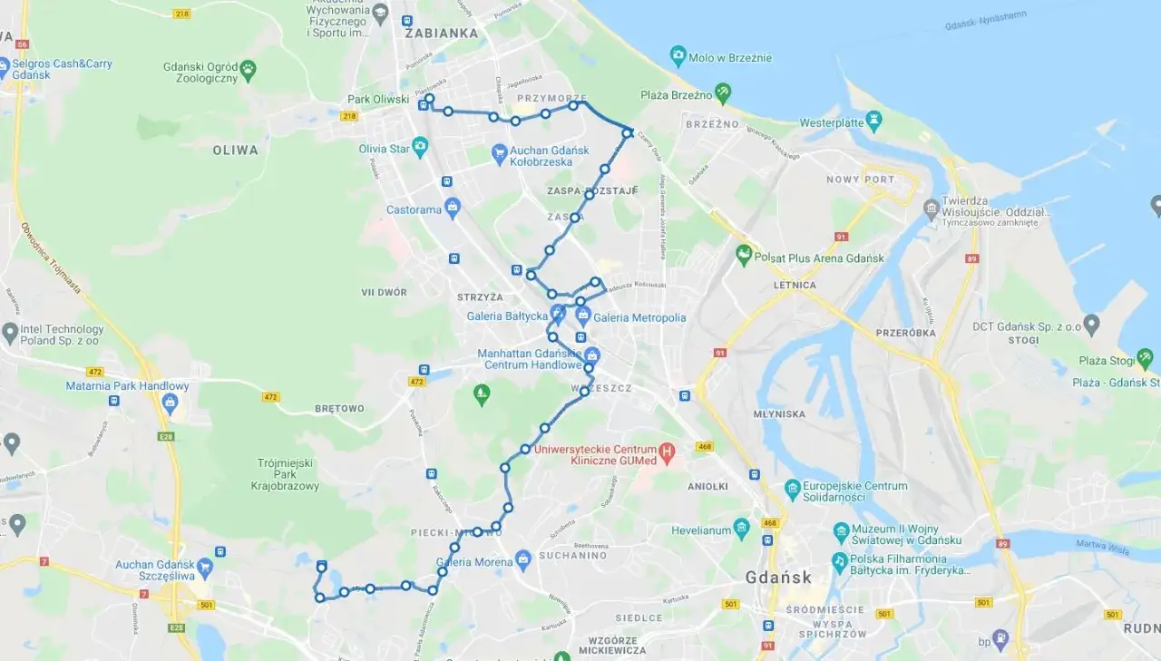 Trasa linii 127 Gdańsk: od Matarni przez Oliwię, Przymorze, Zaspa, Wrzeszcz, aż do Stogów.