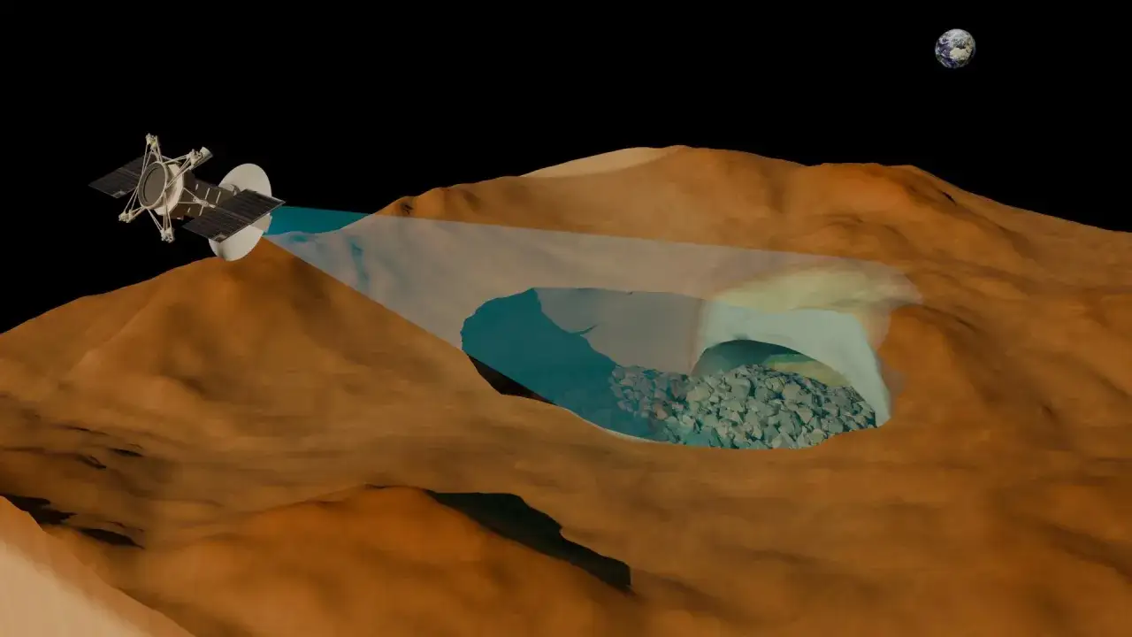Rymdsond undersöker en grotta på venus yta, fylld med stenar och is. Jorden syns i fjärran.