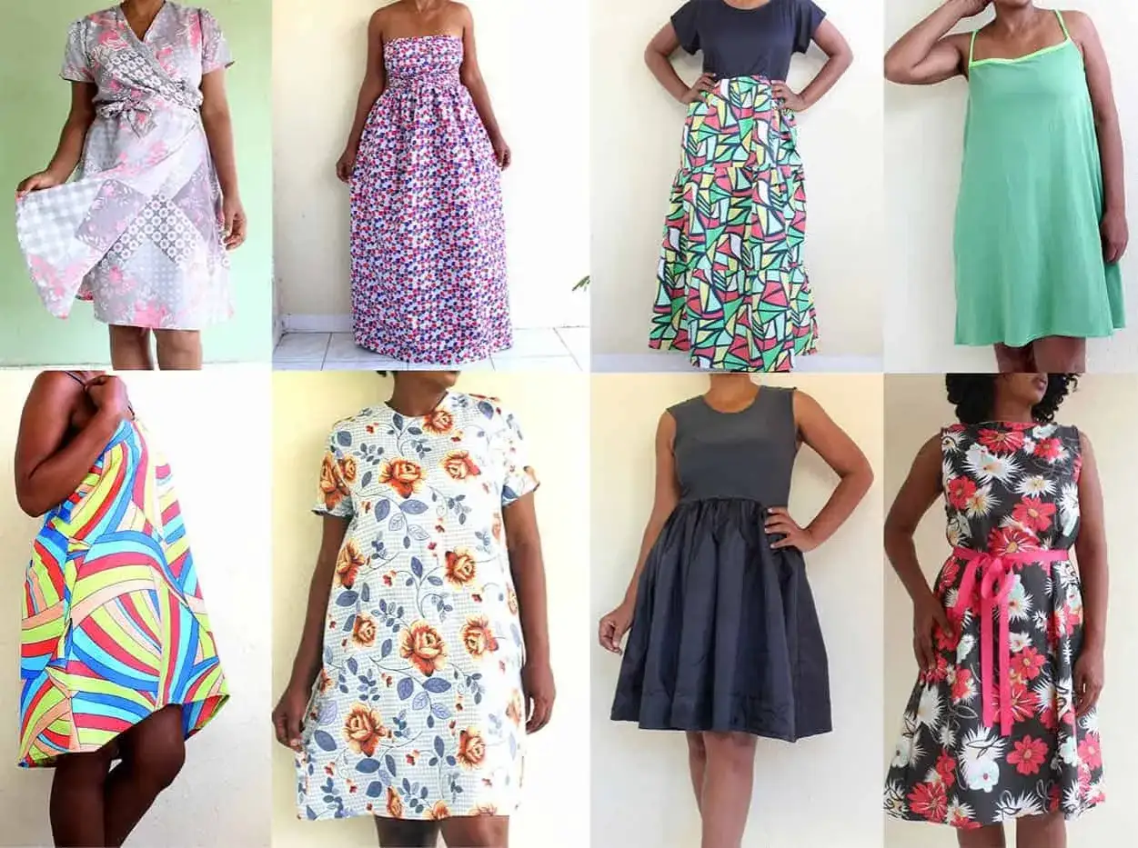 Acht Damen in verschiedenen Kleidern. Hier finden Sie Inspiration f&uuml;r Ihr n&auml;chstes Projekt, vielleicht ein schnittmuster kleid kostenlos?