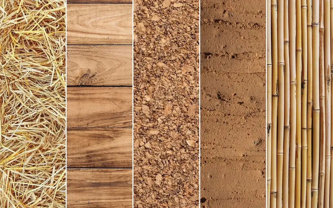F&uuml;nf vertikale Streifen zeigen verschiedene nachhaltige Materialien: Stroh, Holzplanken, Kork, Lehm und Bambus.