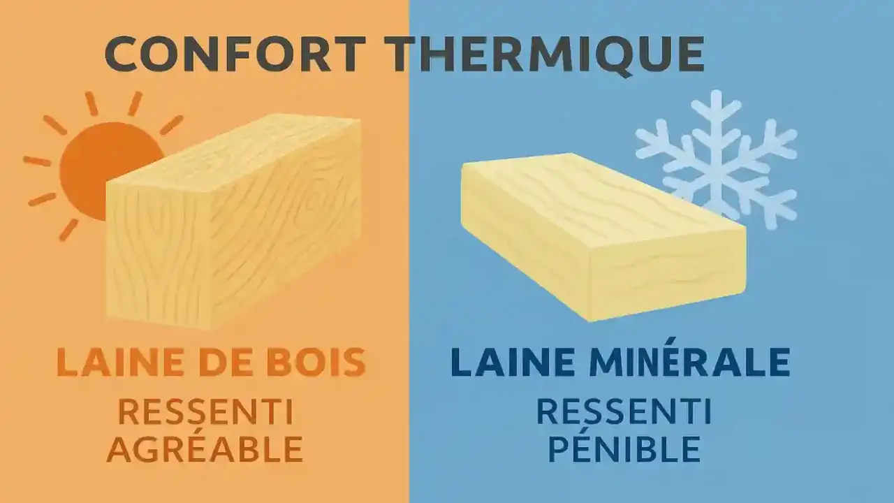Comparaison de l'isolation : laine de bois (confort) vs laine minérale (déphasage thermique pénible). Soleil et flocon de neige illustrent les ressentis.