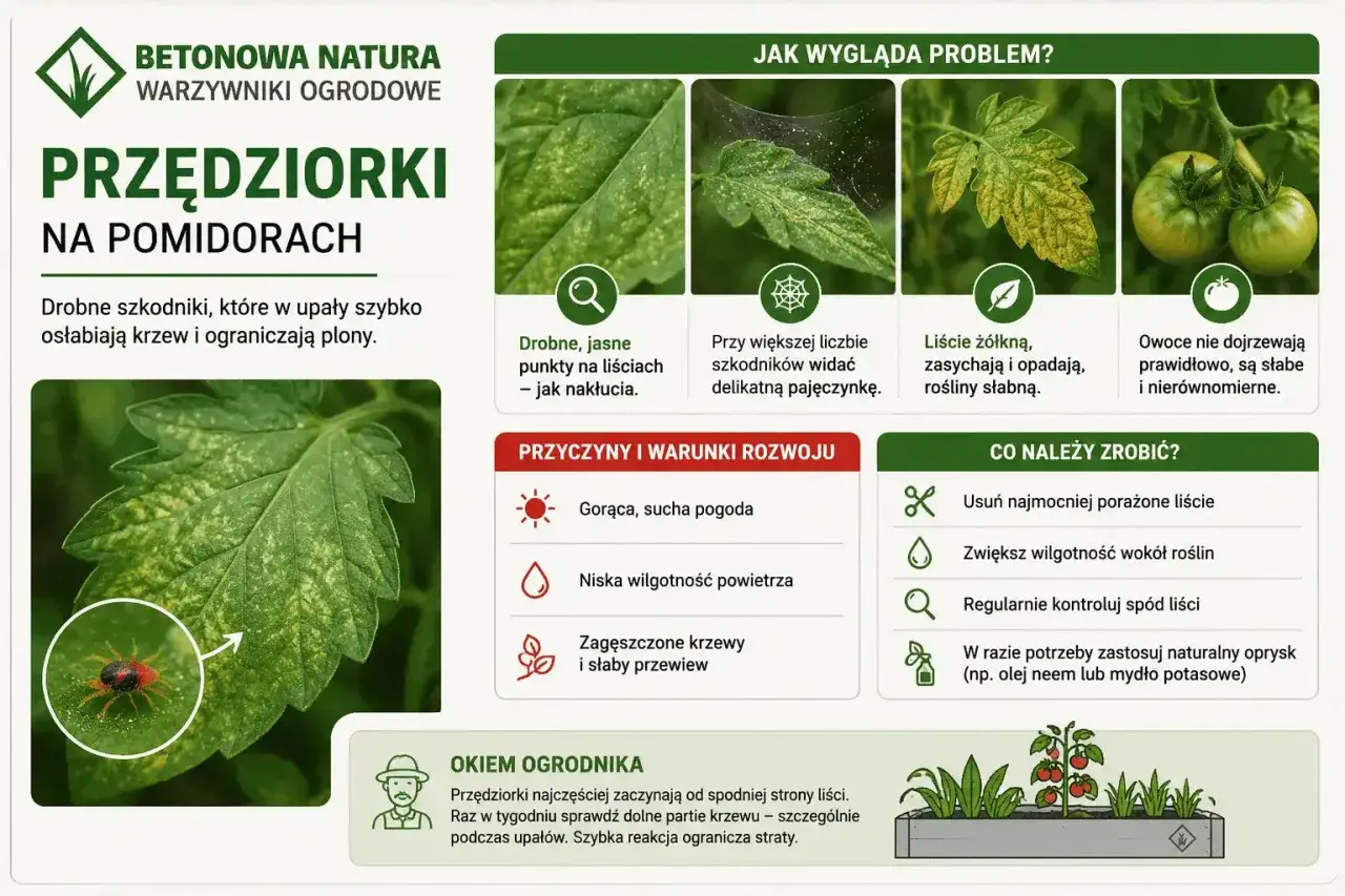 Objawy przędziork&oacute;w na pomidorach: ż&oacute;łte plamy, pajęczynka, opadające liście. W razie potrzeby zastosuj oprysk.