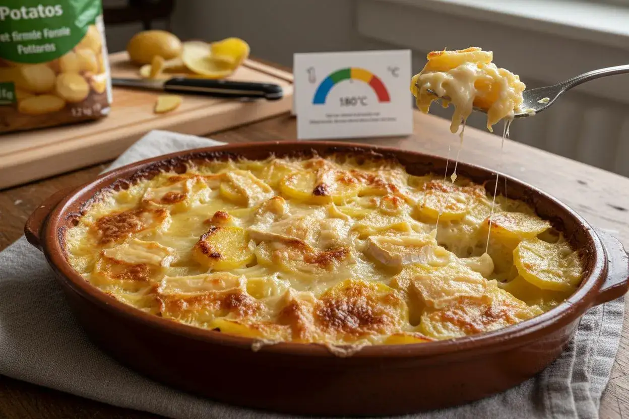 Un gratin de pommes de terre au reblochon, doré et fondant, prêt à être dégusté. Une fourchette en prélève un morceau, révélant le fromage filant.