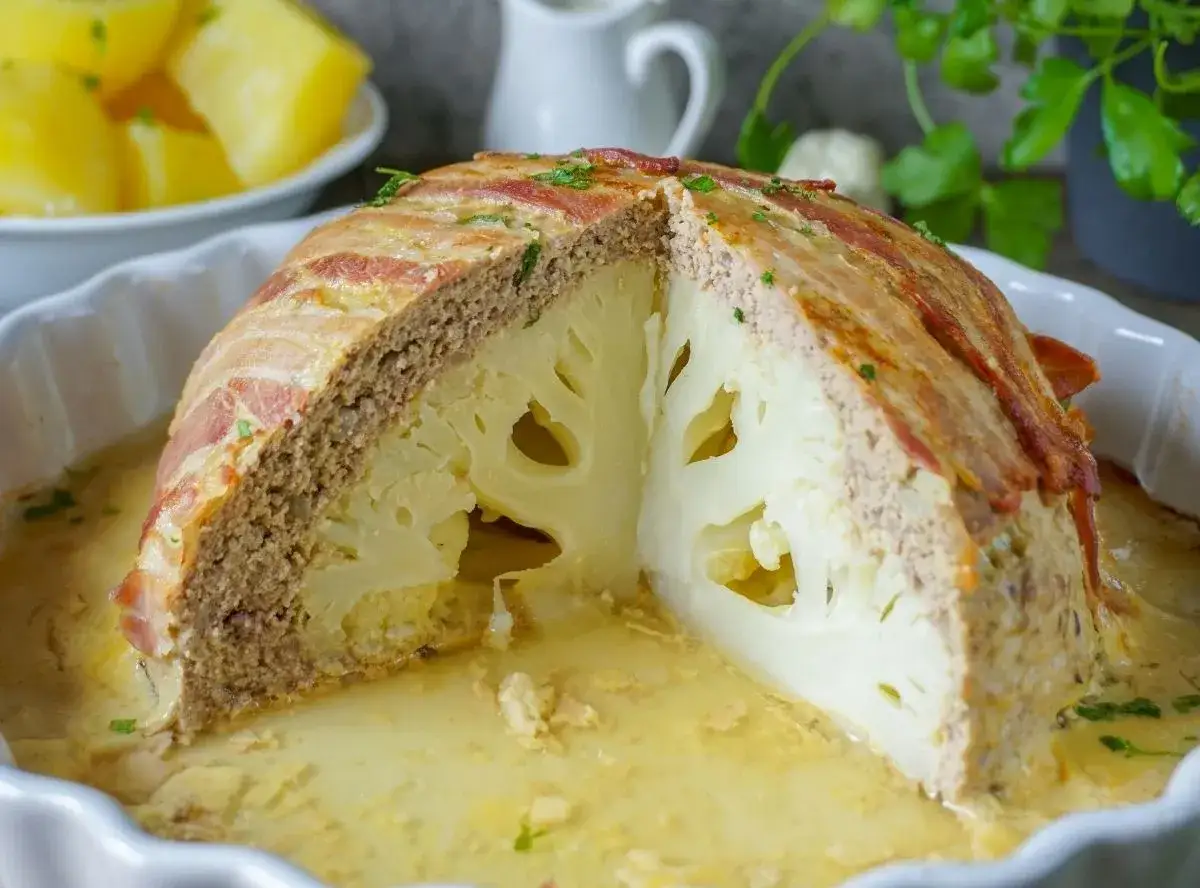 Gef&uuml;llter Blumenkohl, umh&uuml;llt von Speck, mit Hackfleisch. Ein tolles Gericht, welches Fleisch zu Blumenkohl passt!